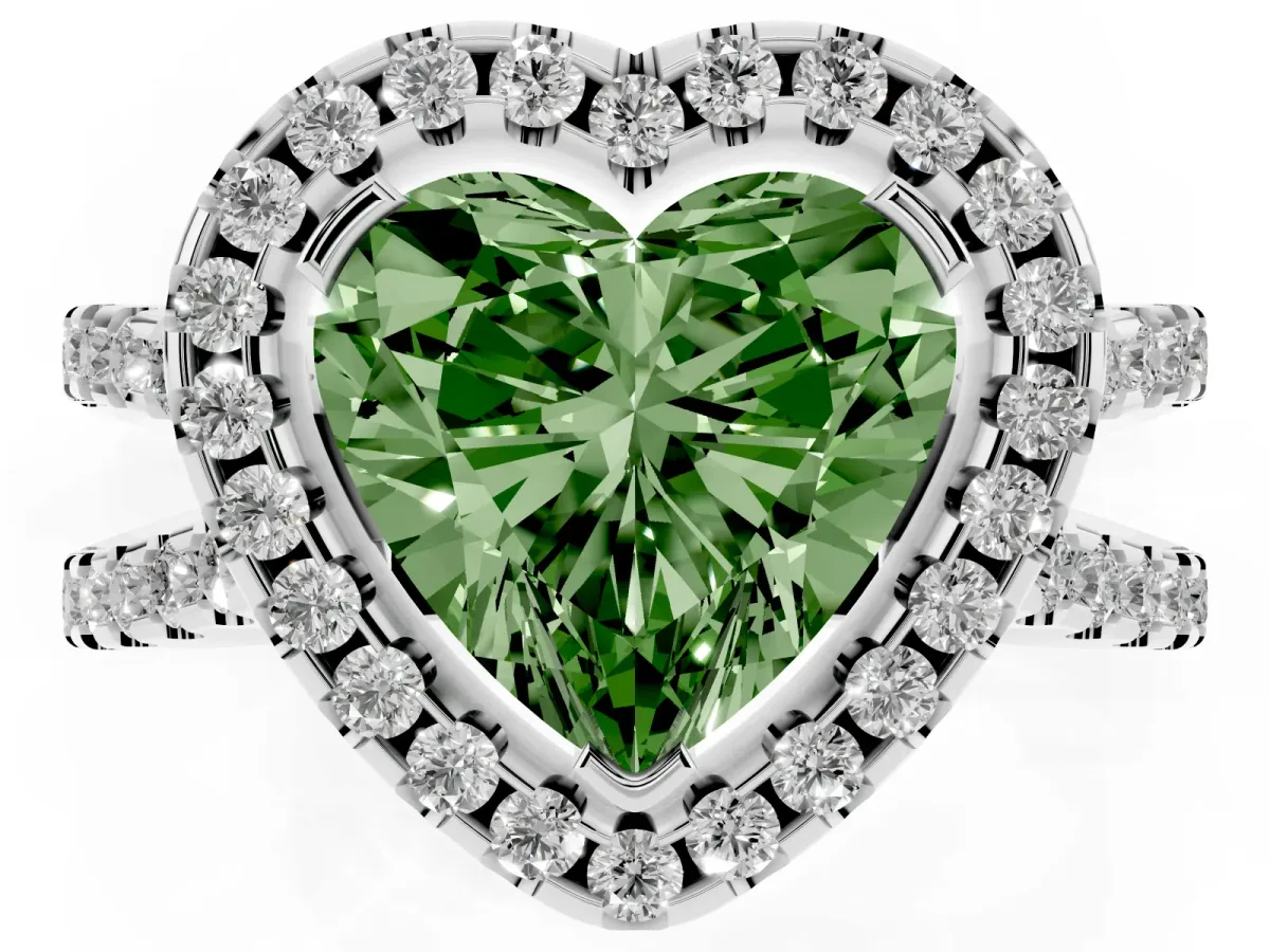 Fancy Green Heart Cut Diamond Halo Ring with Split Shank Pavé Band and Prong Setting Silver