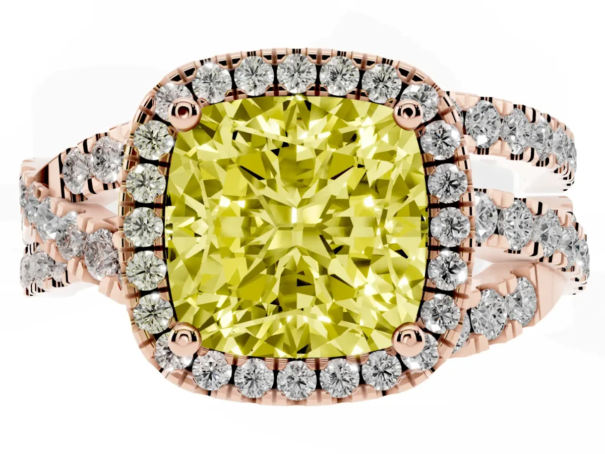 Fancy Yellow Cushion Cut Diamond Halo Ring with Round Split Shank and Prong Setting Rose gold