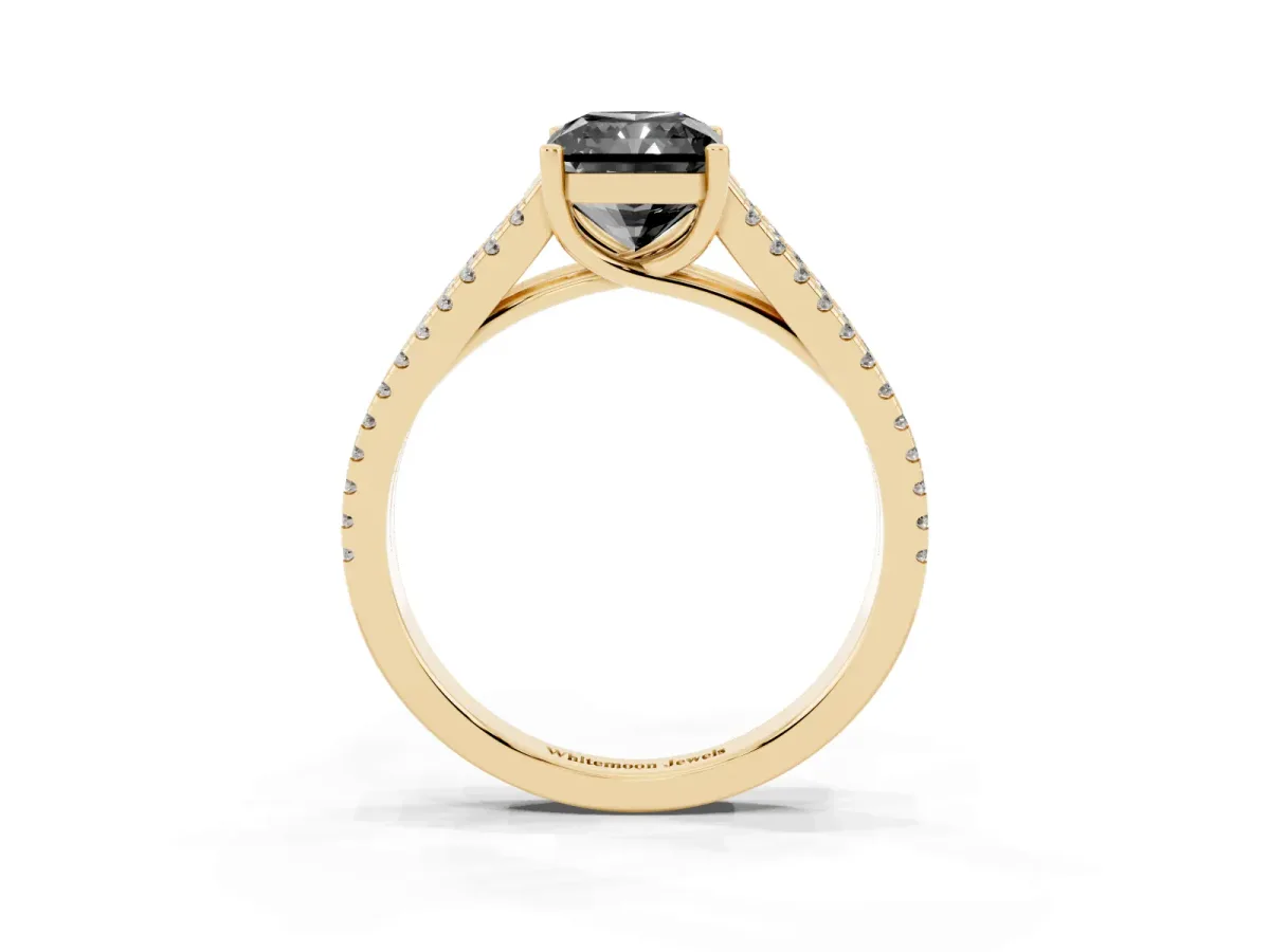 Fancy Black Radiant Cut Diamond Solitaire Engagement Ring with Split Shank Pavé Band Yellow gold