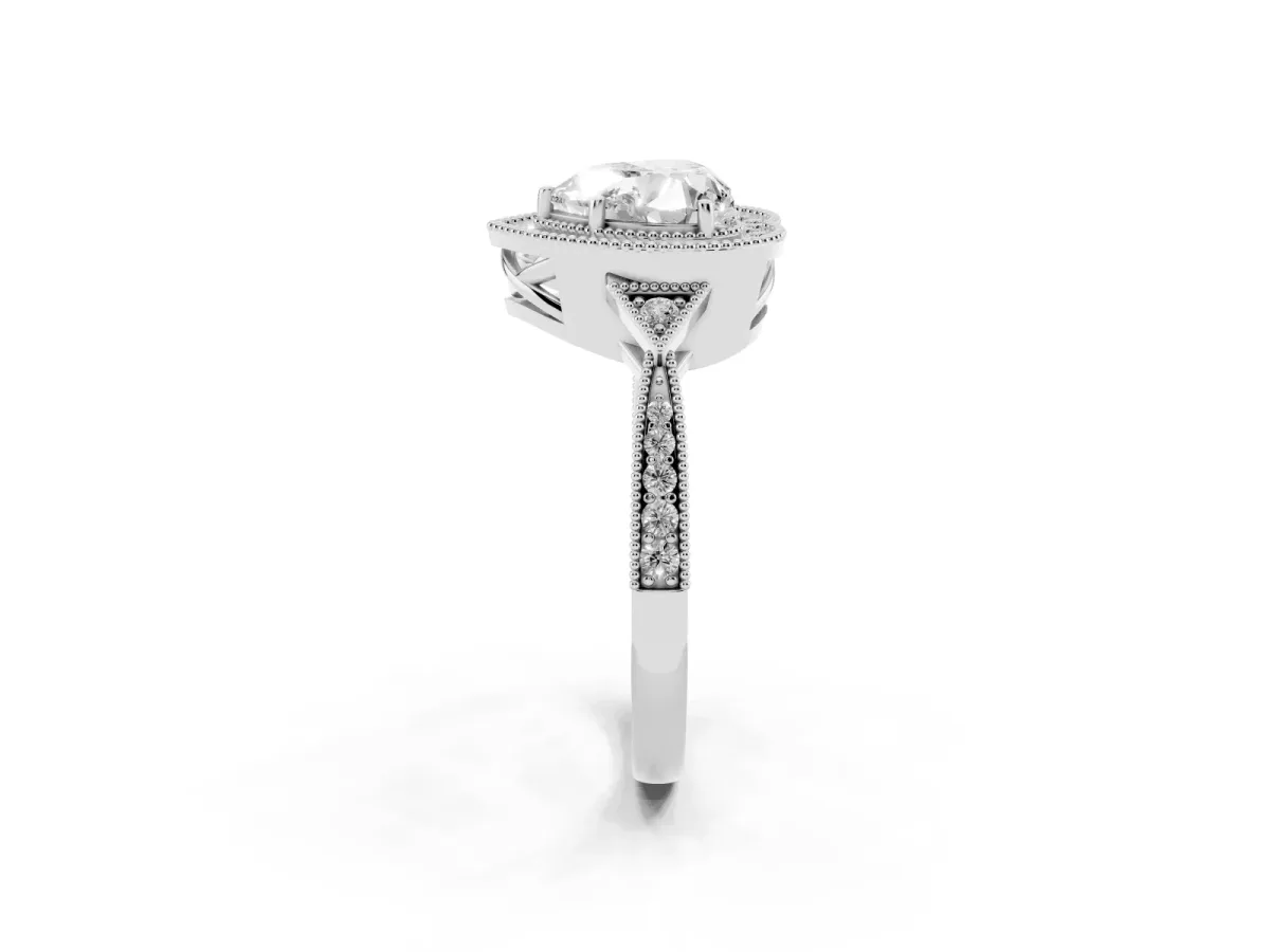 Heart Cut Halo Round Diamond Milgrain Pave Engagement Ring Silver