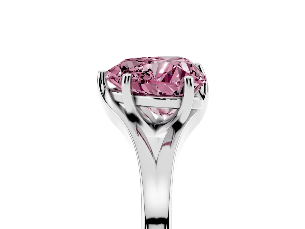 Fancy Pink Heart Cut Solitaire Diamond Ring with Six-Prong Setting and Tapered Band Platinum