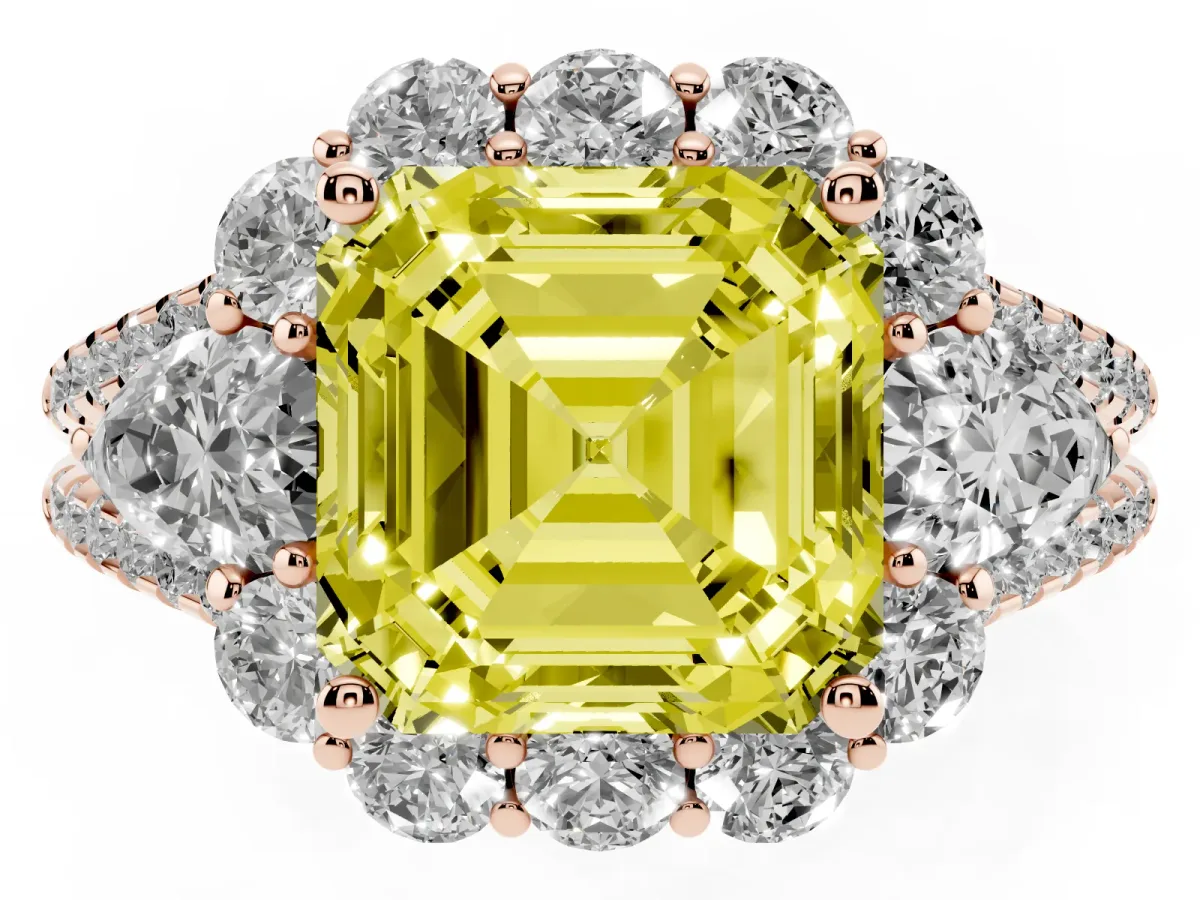 Fancy Yellow Asscher Cut Halo Split Shank Diamond Engagement Ring with Prong Setting Rose gold