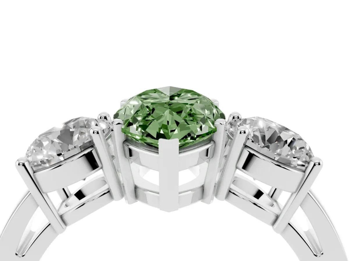 Fancy Green Three-Stone Marquise Cut Diamond Ring with Round Side Stones, Classic Band, and Four-Prong Setting Platinum