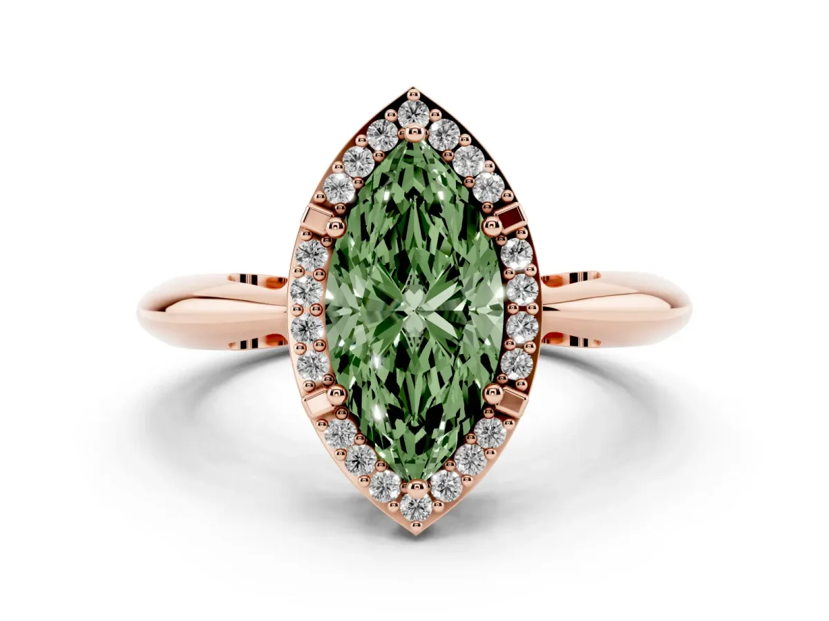 Fancy Green Marquise Cut Cut Diamond Halo Engagement Ring with Split Shank and Four-Prong Setting Rose gold