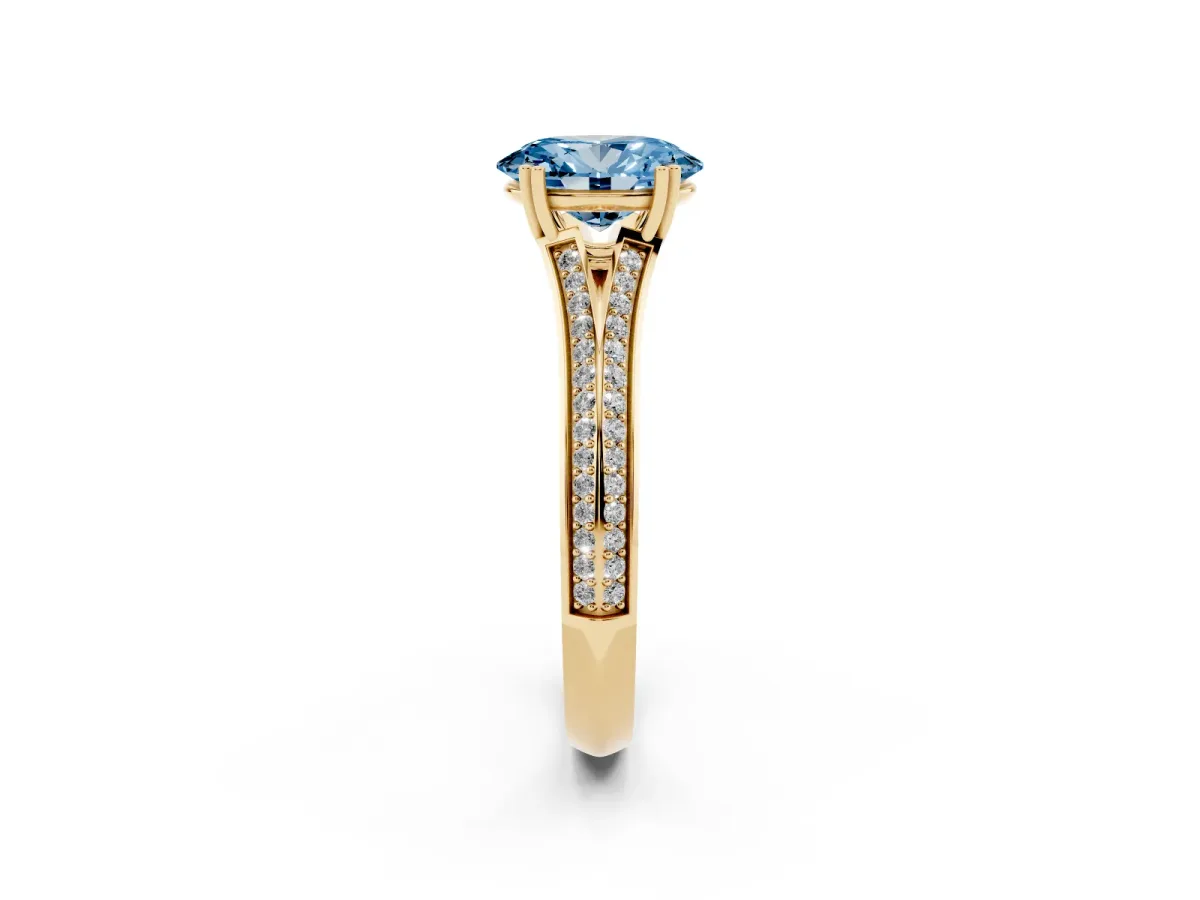 Fancy Blue Oval Cut Diamond Split Shank Engagement Ring with Pavé Band Yellow gold