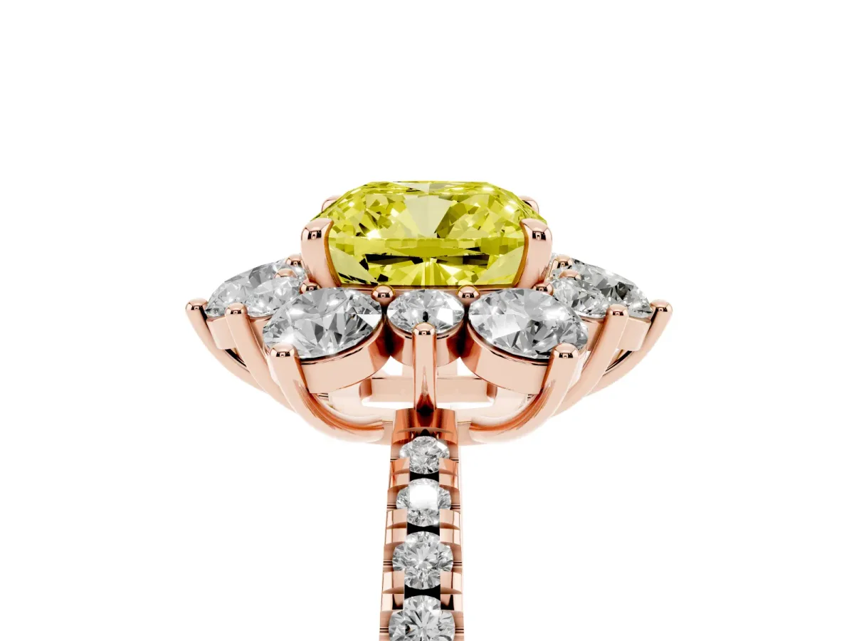 Fancy Yellow Cushion Cut Diamond Floral Halo Ring with Round Pavé Band and Prong Setting Rose gold