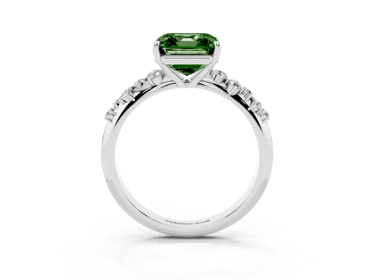 Fancy Green Asscher Cut Diamond Cluster Side Stone Solitaire Ring with Prong Setting Platinum