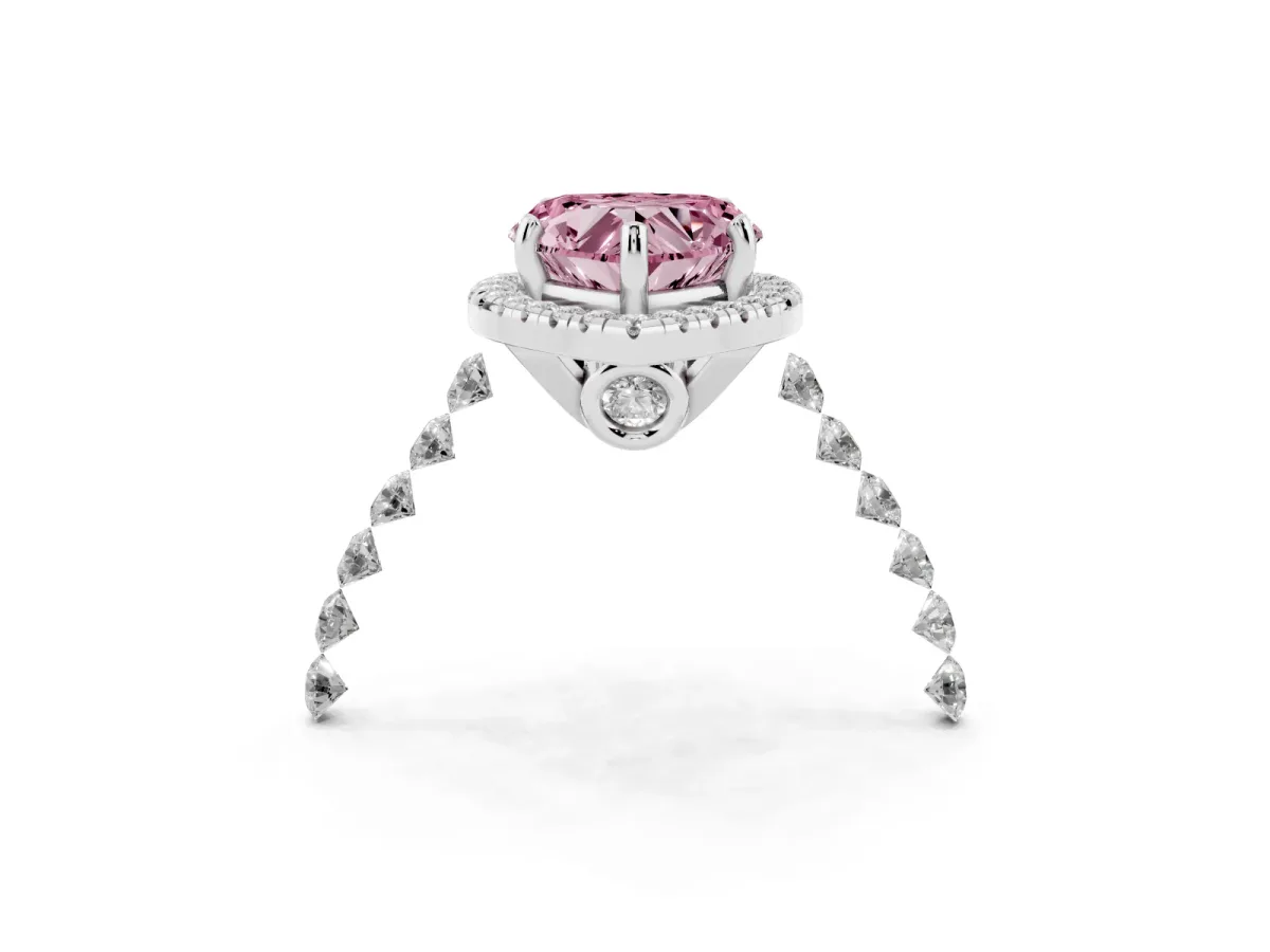 Fancy Pink Heart Cut Halo Pavé Diamond Engagement Ring with Four-Prong Setting Platinum