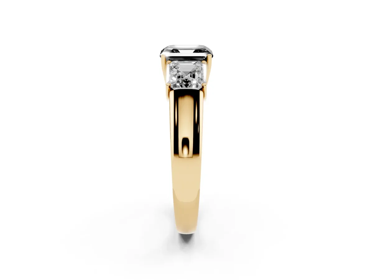 Fancy Black Three-Stone Asscher Cut Cut Diamond Ring with Prong Setting and Classic Band Yellow gold
