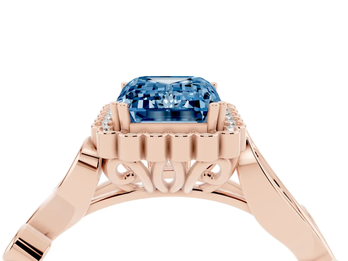 Fancy Blue Emerald Cut Diamond Halo Ring with Vintage Split Shank and Four-Prong Setting Rose gold