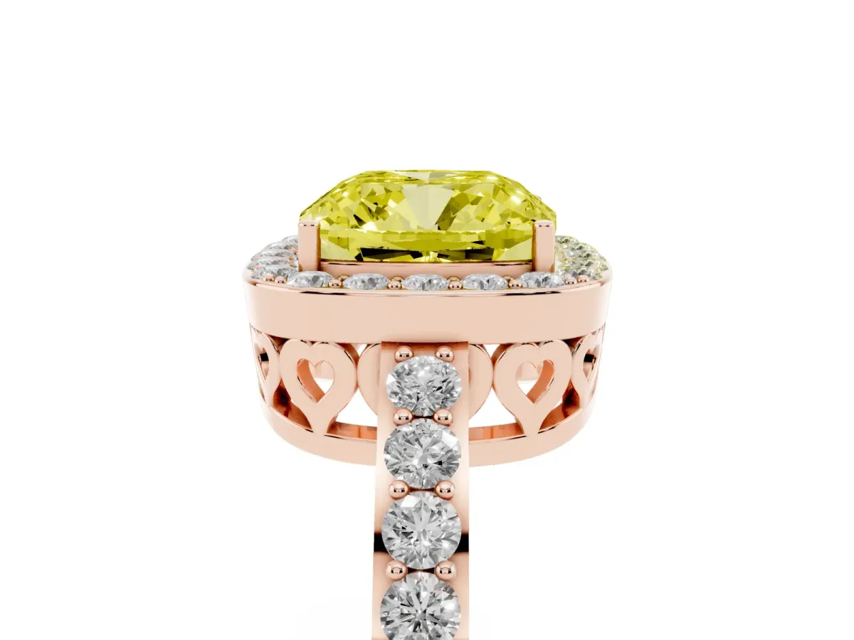 Fancy Yellow Cushion Cut Halo Diamond Pavé Band Ring with Prong Setting Rose gold