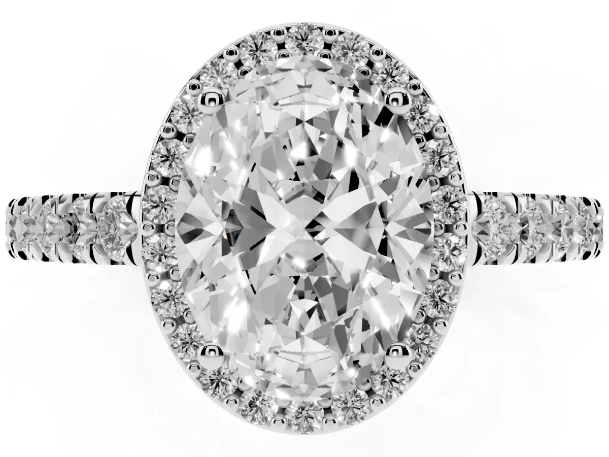 Oval Cut Cut Halo Diamond Engagement Ring with Pave Band and Four-Prong Setting Silver