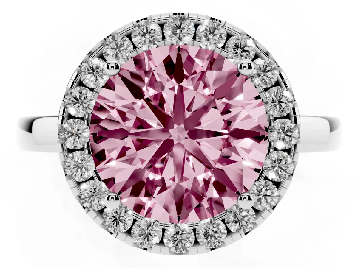 Fancy Pink Round Cut Halo Diamond Solitaire with Pavé Band and Four-Prong Setting Silver