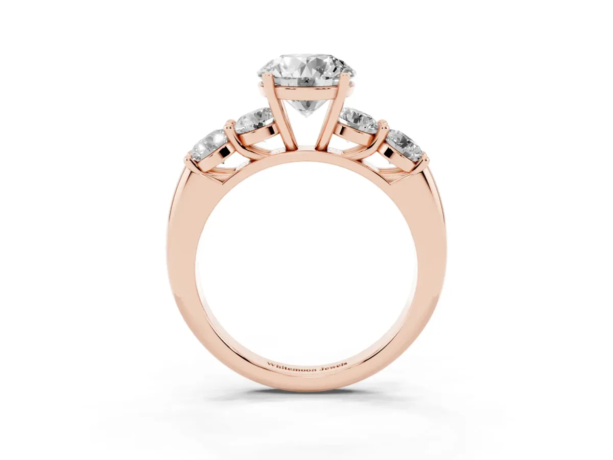 Round Cut Cut Five-Stone Prong Set Diamond Ring with Classic Band Rose gold