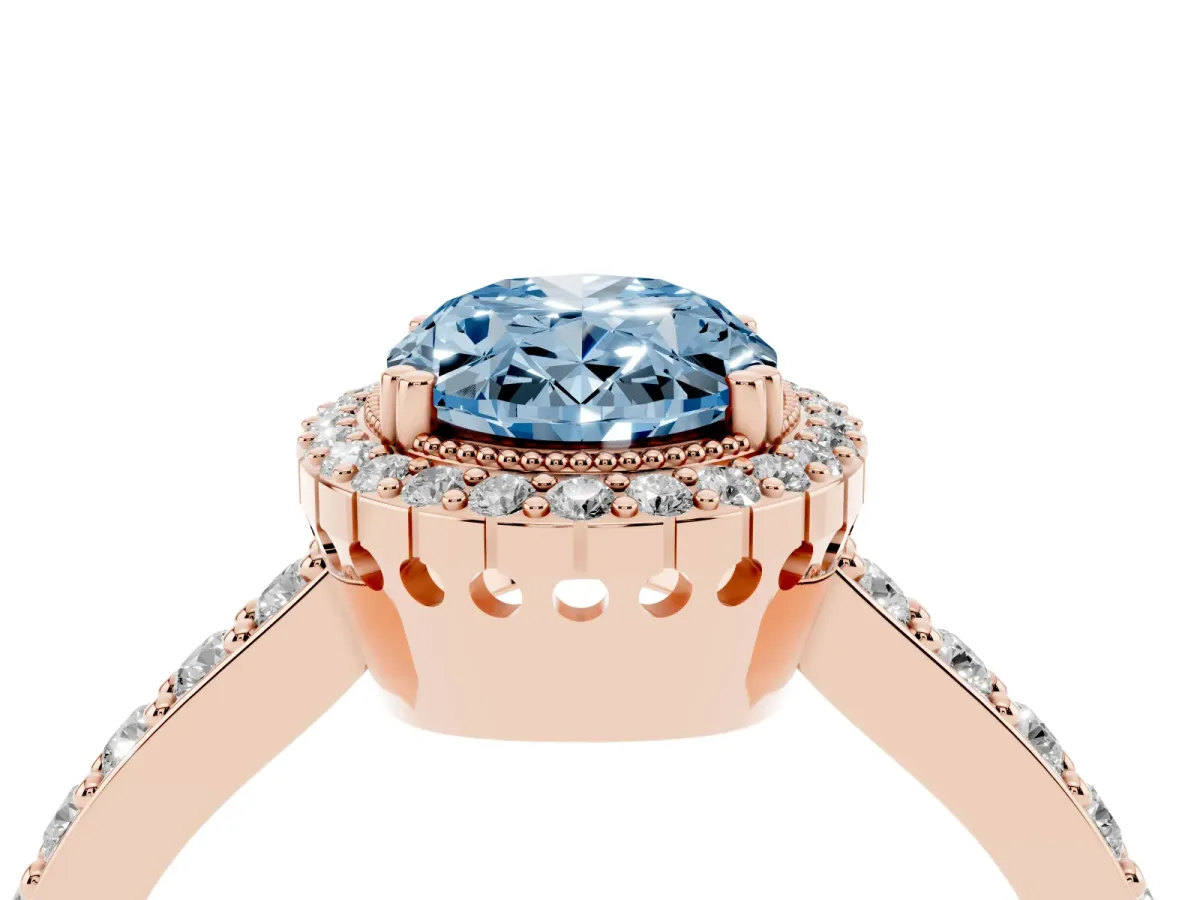 Fancy Blue Oval Cut Cut Diamond Halo Engagement Ring with Milgrain Detail and Pavé Band Rose gold