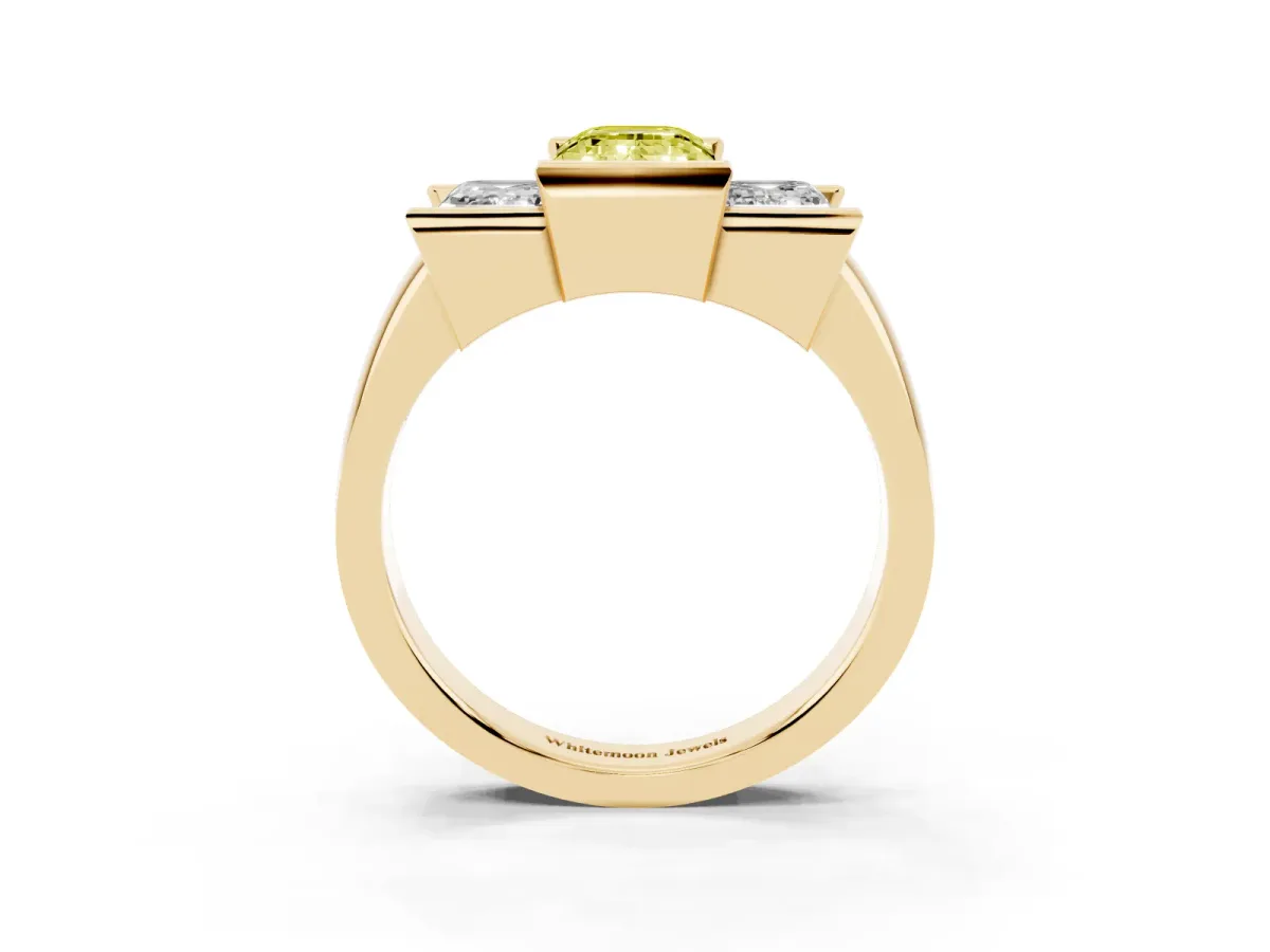 Fancy Yellow Three Stone Emerald Cut Cut Channel Set Diamond Ring Yellow gold