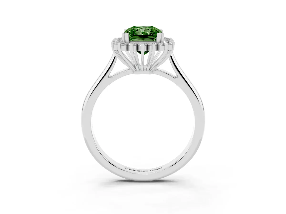 Fancy Green Radiant Cut Cut Diamond Halo Ring with Solitaire Band and Prong Setting Silver