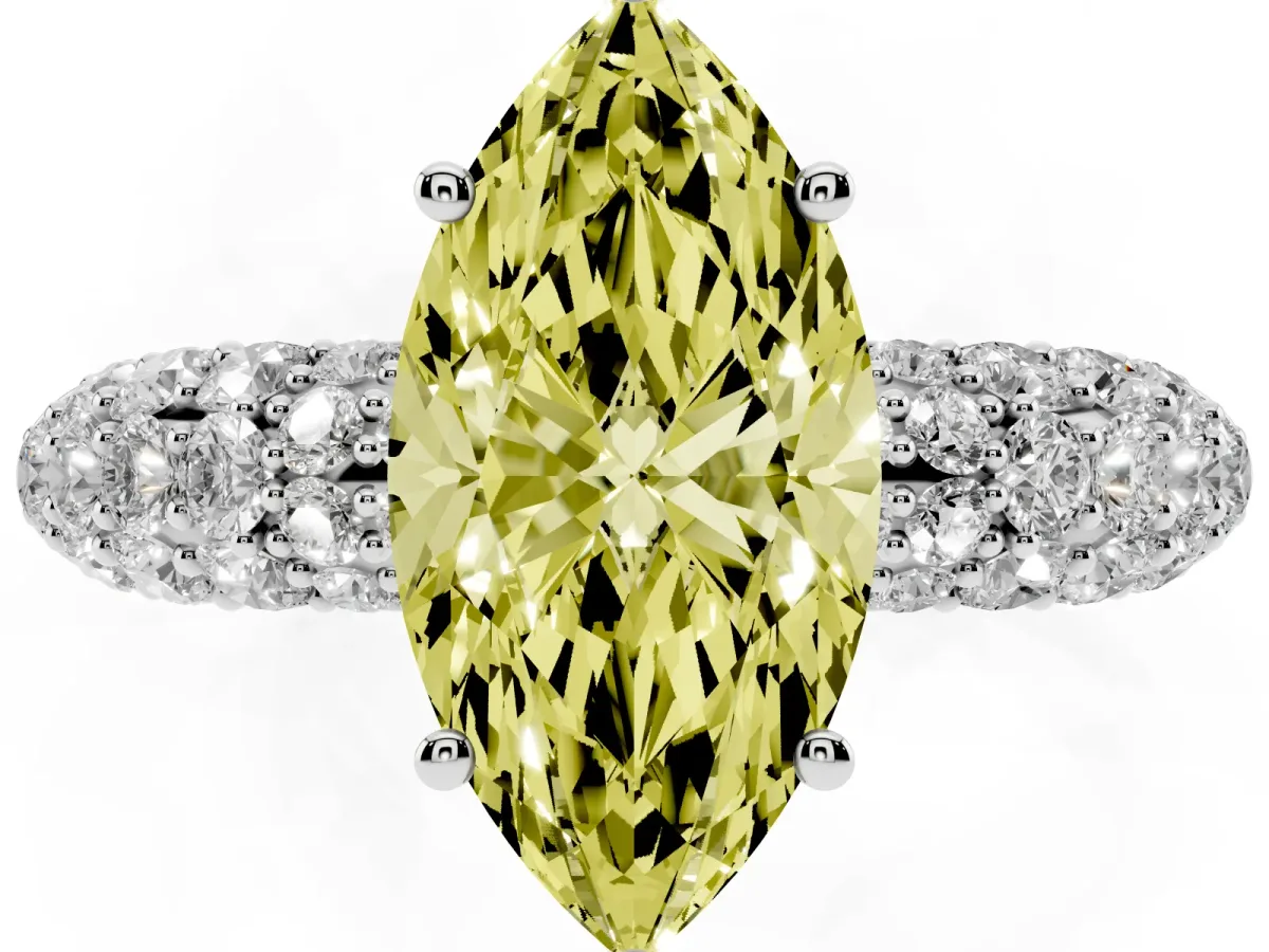 Fancy Yellow Marquise Cut Diamond Pavé Band Solitaire Ring with Four-Prong Setting Silver