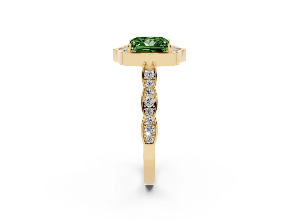 Fancy Green Princess Cut Halo Diamond Engagement Ring with Milgrain Band and Four-Prong Setting Yellow gold