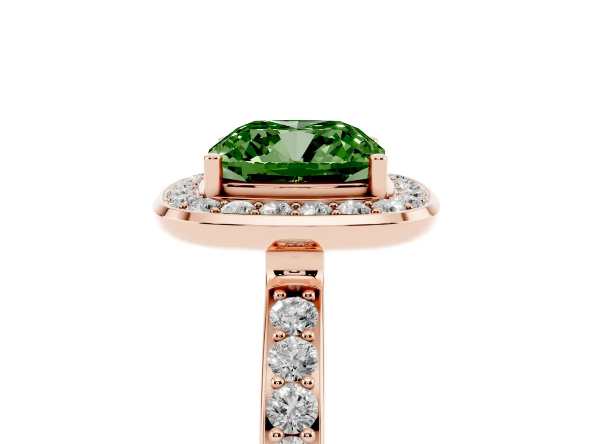 Fancy Green Cushion Cut Diamond Halo Ring with Bezel Frame and Pavé Band Rose gold