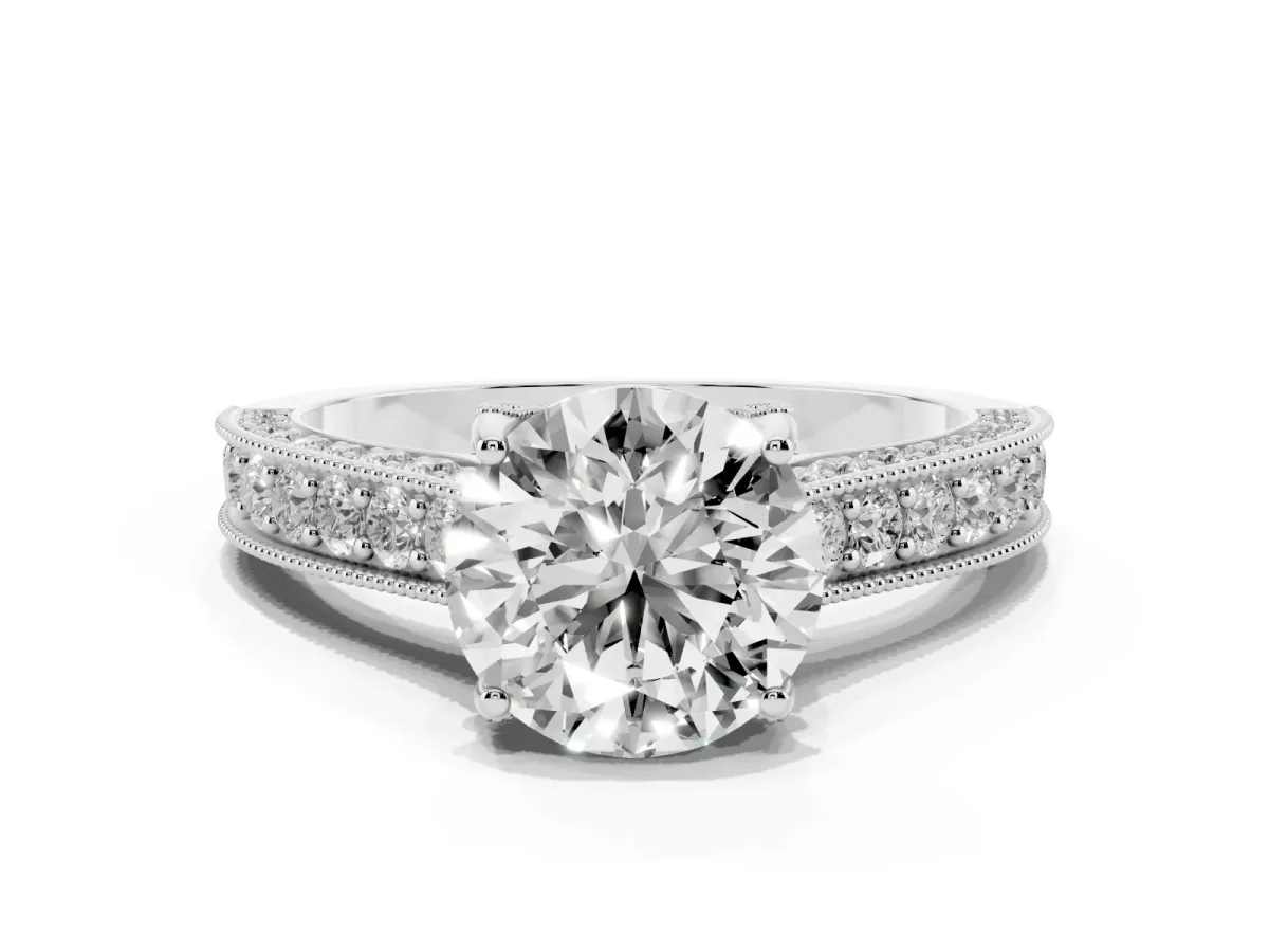 Round Cut Cut Diamond Solitaire Ring with Milgrain Pave Band and Four Prong Setting White gold