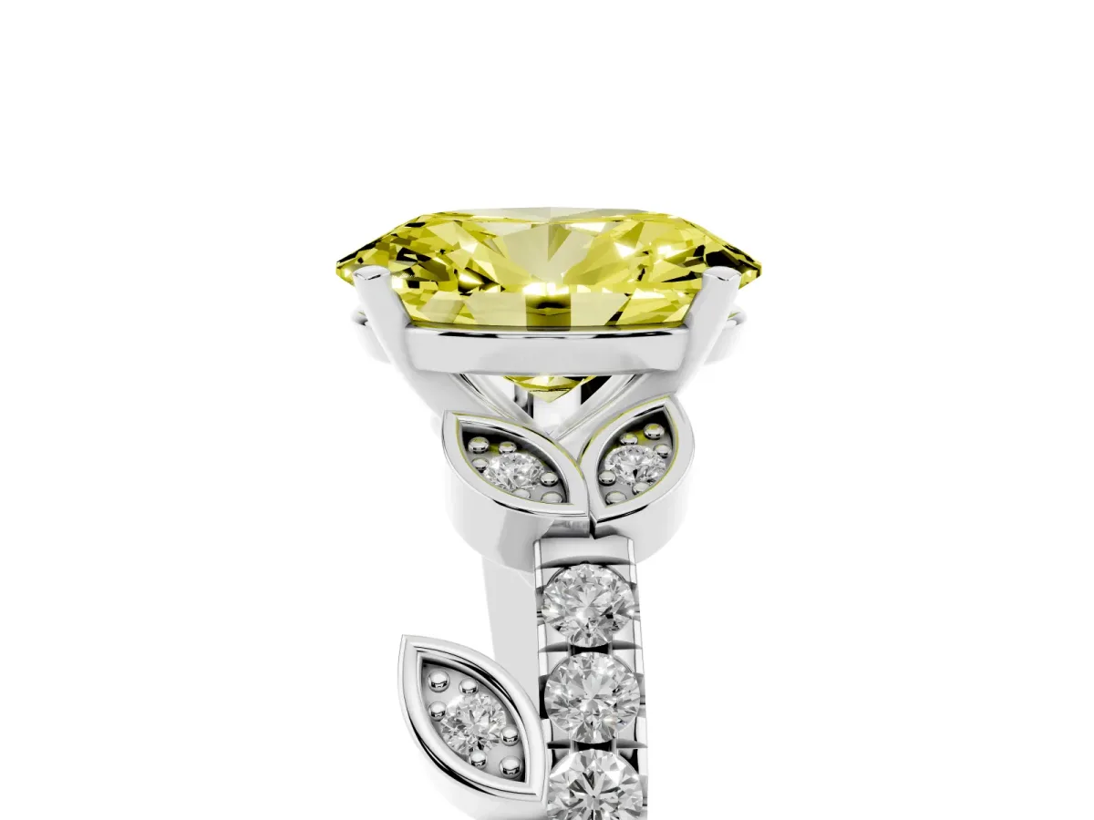 Fancy Yellow Oval Cut Solitaire Leaf-Inspired Diamond Ring with Pavé Band and Four-Prong Setting Silver