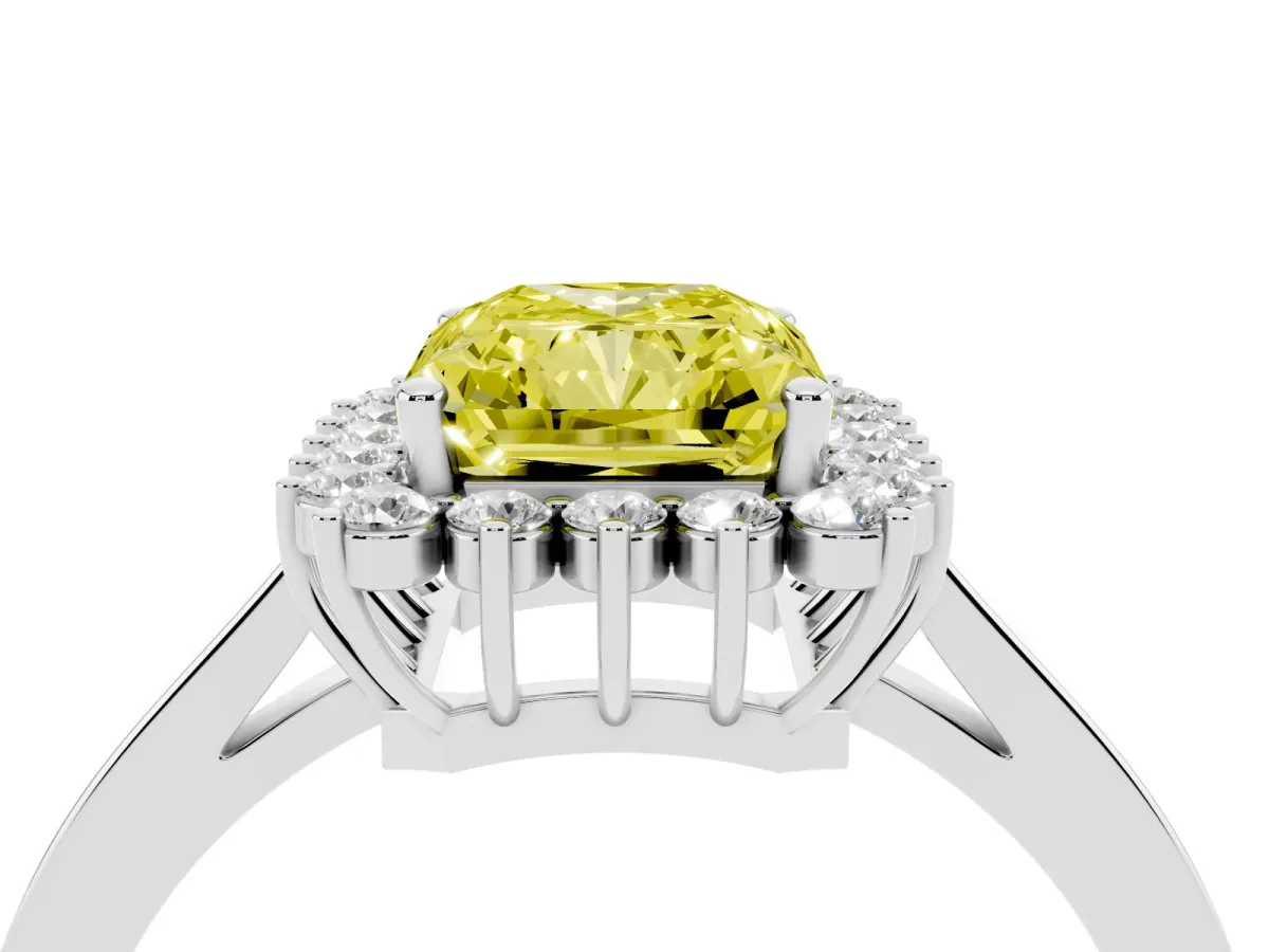 Fancy Yellow Radiant Cut Cut Diamond Halo Ring with Round Brilliant Halo and Solitaire Band Silver