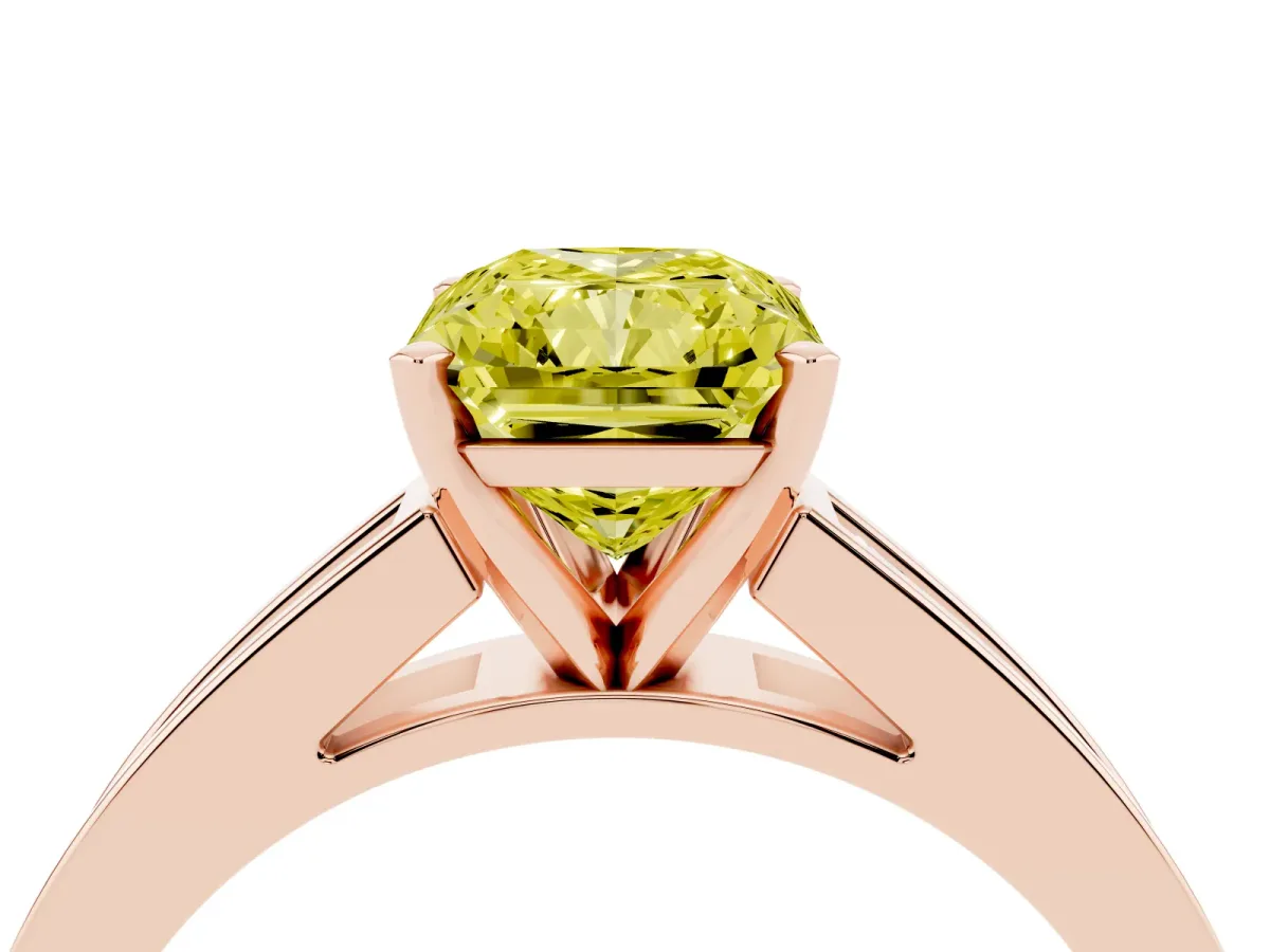 Fancy Yellow Radiant Cut Solitaire Diamond Ring with Channel-Set Band and Four-Prong Setting Rose gold
