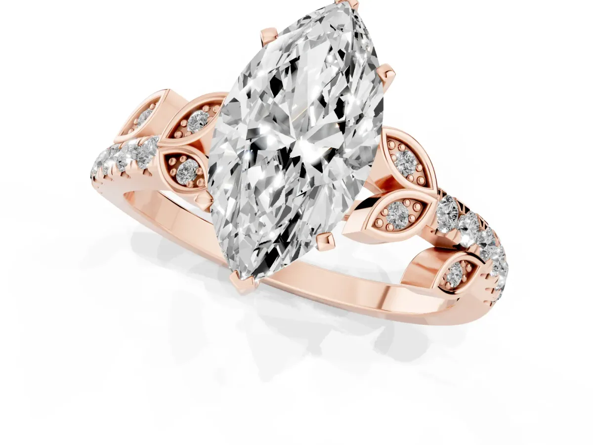 Marquise Cut Solitaire Leaf-Inspired Diamond Ring with Pavé Band and Four-Prong Setting Rose gold