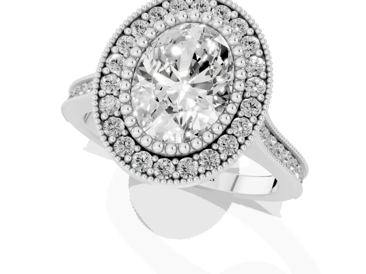 Oval Cut Diamond Halo Ring with Milgrain Frame and Pavé Band Silver