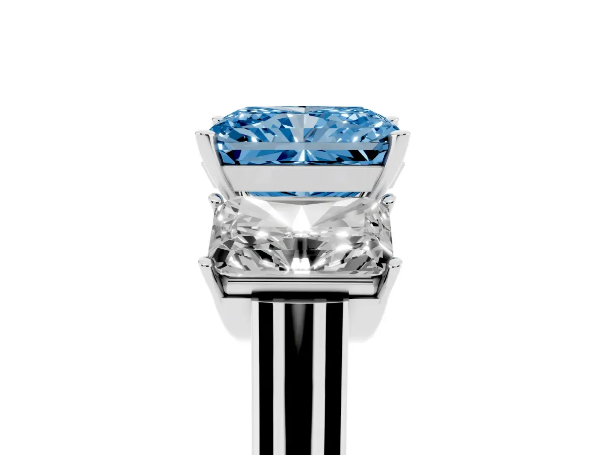 Fancy Blue Three-Stone Radiant Cut Brilliant Diamond Trellis Ring with Comfort Fit Band Platinum