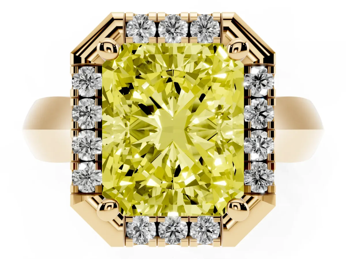 Fancy Yellow Radiant Cut Cut Halo Solitaire Engagement Ring with Square Band and Four-Prong Setting Yellow gold