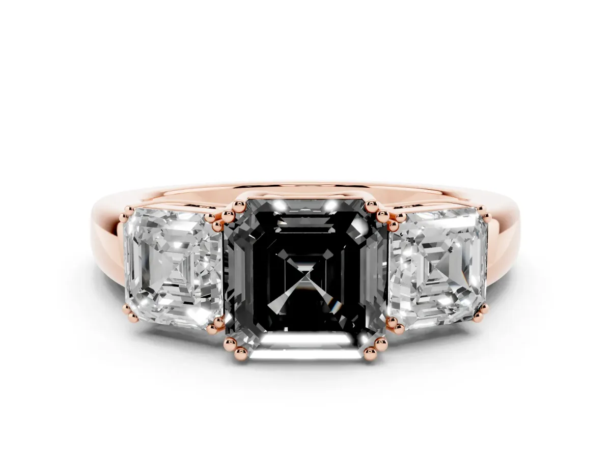 Fancy Black Three-Stone Asscher Cut Cut Diamond Ring with Channel Set Band and Four-Prong Setting Rose gold