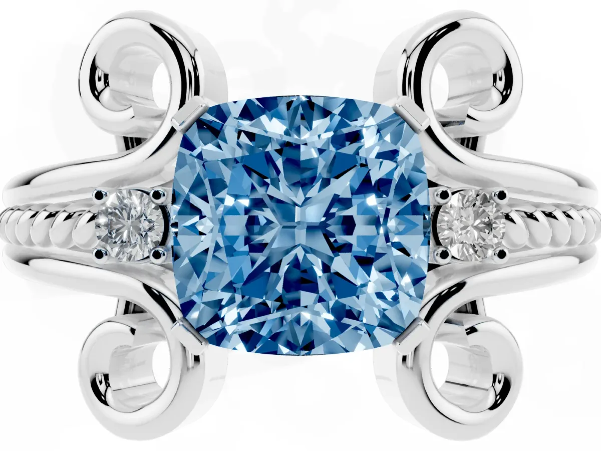 Fancy Blue Cushion Cut Solitaire Twisted Band Scroll Prong Ring Silver
