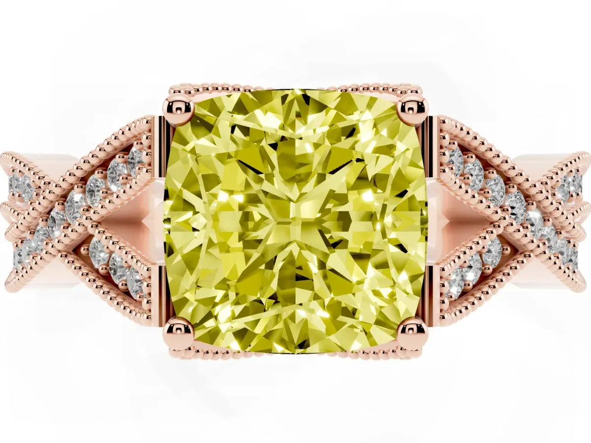 Fancy Yellow Cushion Cut Cut Diamond Twisted Band with Milgrain Pave Setting and Four-Prong Setting Rose gold