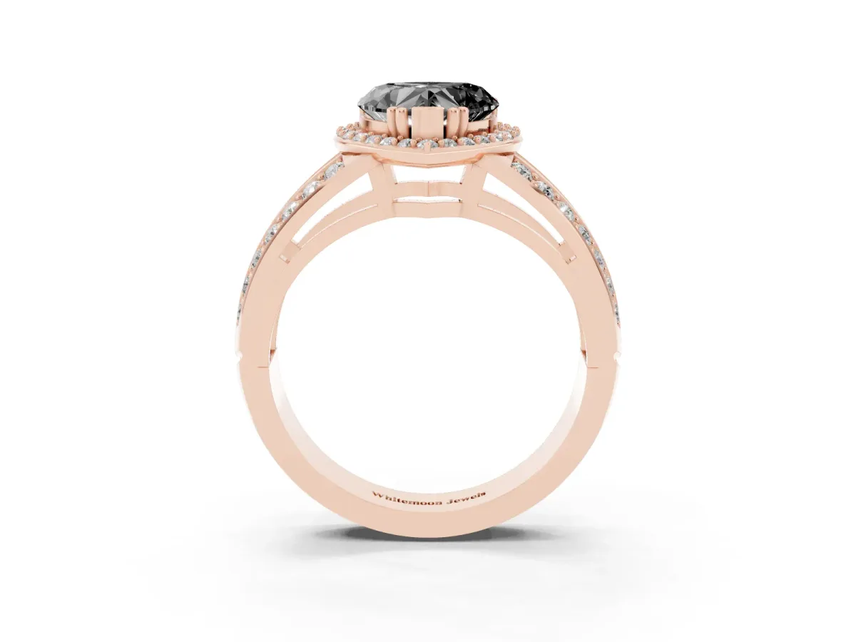 Fancy Black Heart Cut Diamond Halo Ring with Split Shank Pavé Band and Four-Prong Setting Rose gold