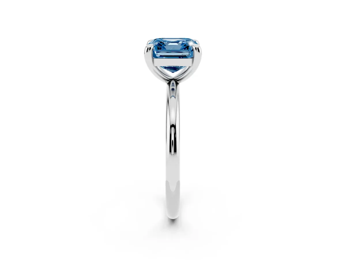 Fancy Blue Asscher Cut Solitaire Diamond Ring with Four-Prong Setting on a Plain Band Platinum