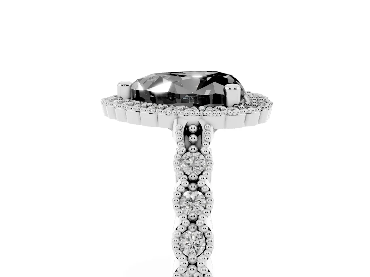 Fancy Black Heart Cut Cut Halo Pavé Solitaire Ring with Milgrain Band Platinum