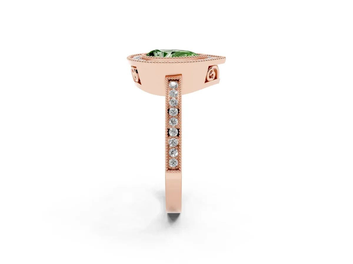 Fancy Green Pear Cut Cut Halo Diamond Ring with Pavé Band and Milgrain Prong Setting Rose gold