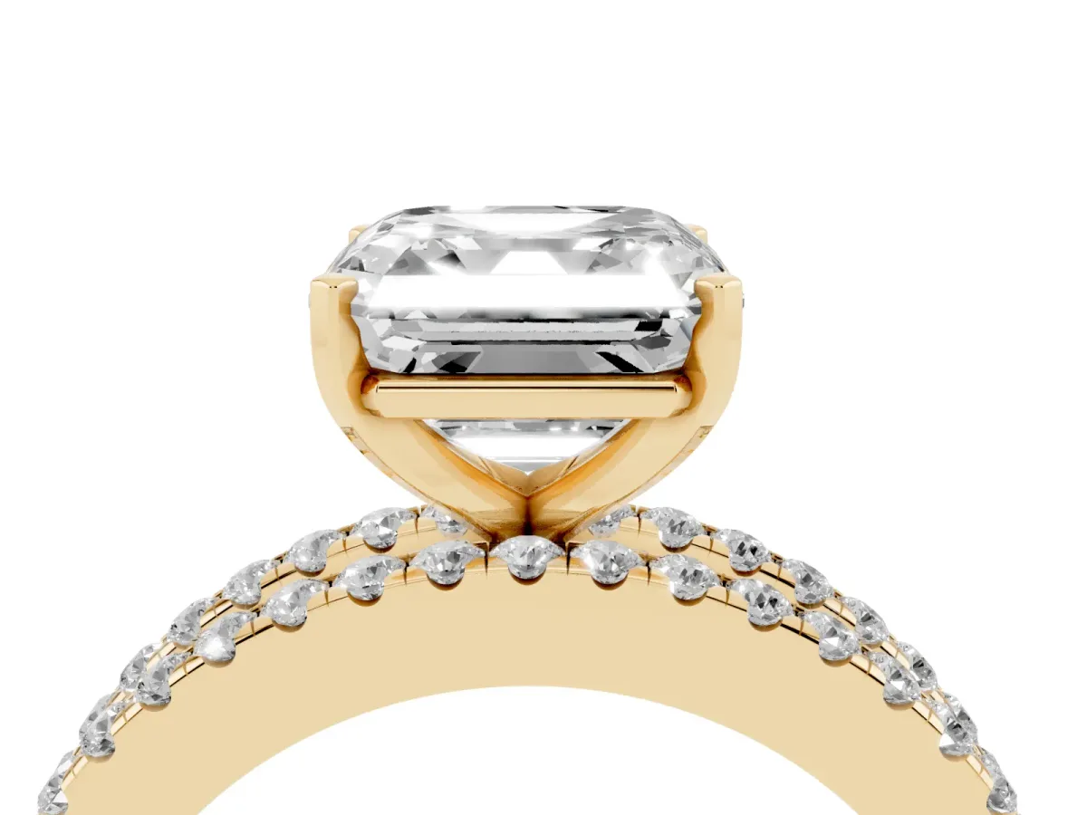 Asscher Cut Diamond Solitaire Ring with Pavé and Channel Set Band Yellow gold