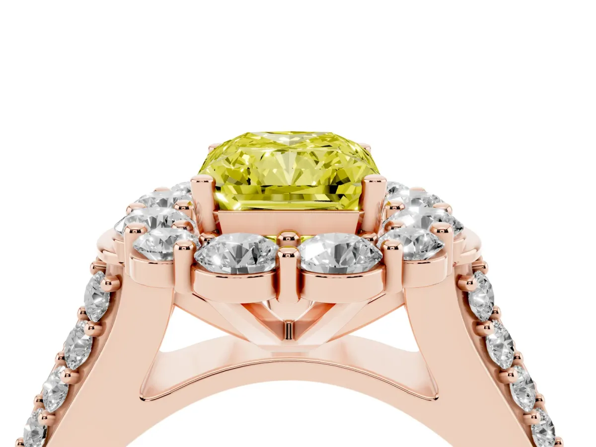 Fancy Yellow Radiant Cut Halo Diamond Engagement Ring with Split Shank and Prong Setting Rose gold