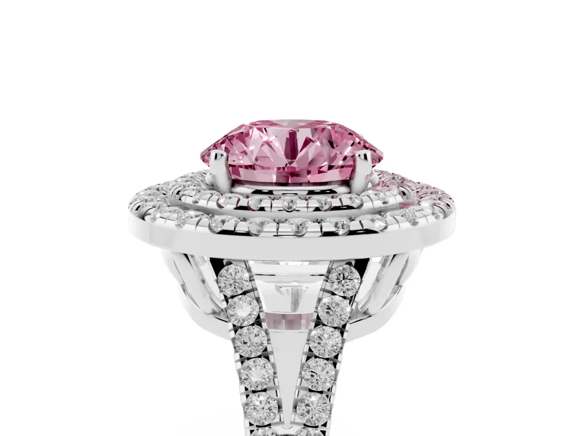 Fancy Pink Round Cut Diamond Double Halo Ring with Pavé Band and Prong Setting Platinum