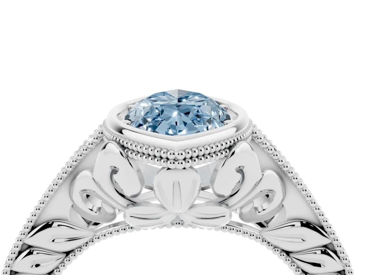 Fancy Blue Bezel Set Marquise Cut Diamond Milgrain Pave Engagement Ring Silver