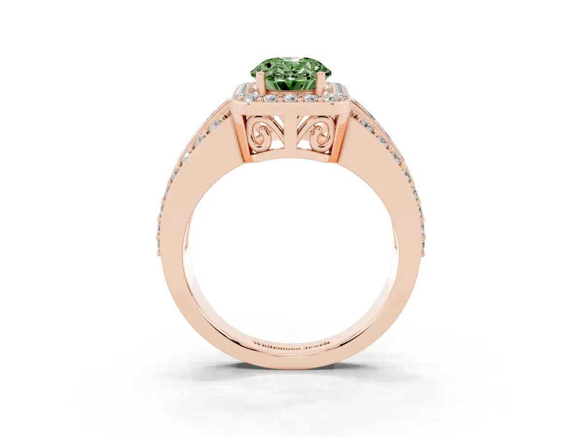 Fancy Green Oval Cut Halo Diamond Ring with Round Split Shank and Prong Setting Rose gold