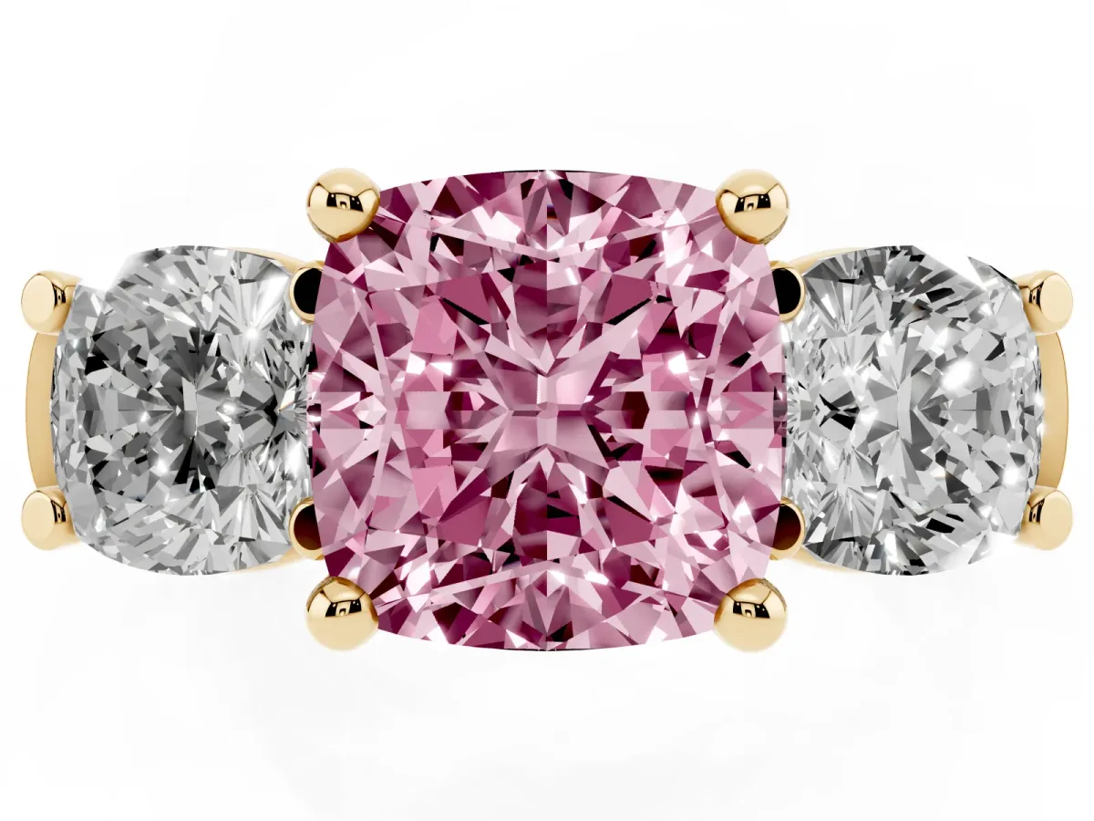 Fancy Pink Three-Stone Cushion Cut Brilliant Diamond Trellis Ring with Comfort Fit Band Yellow gold