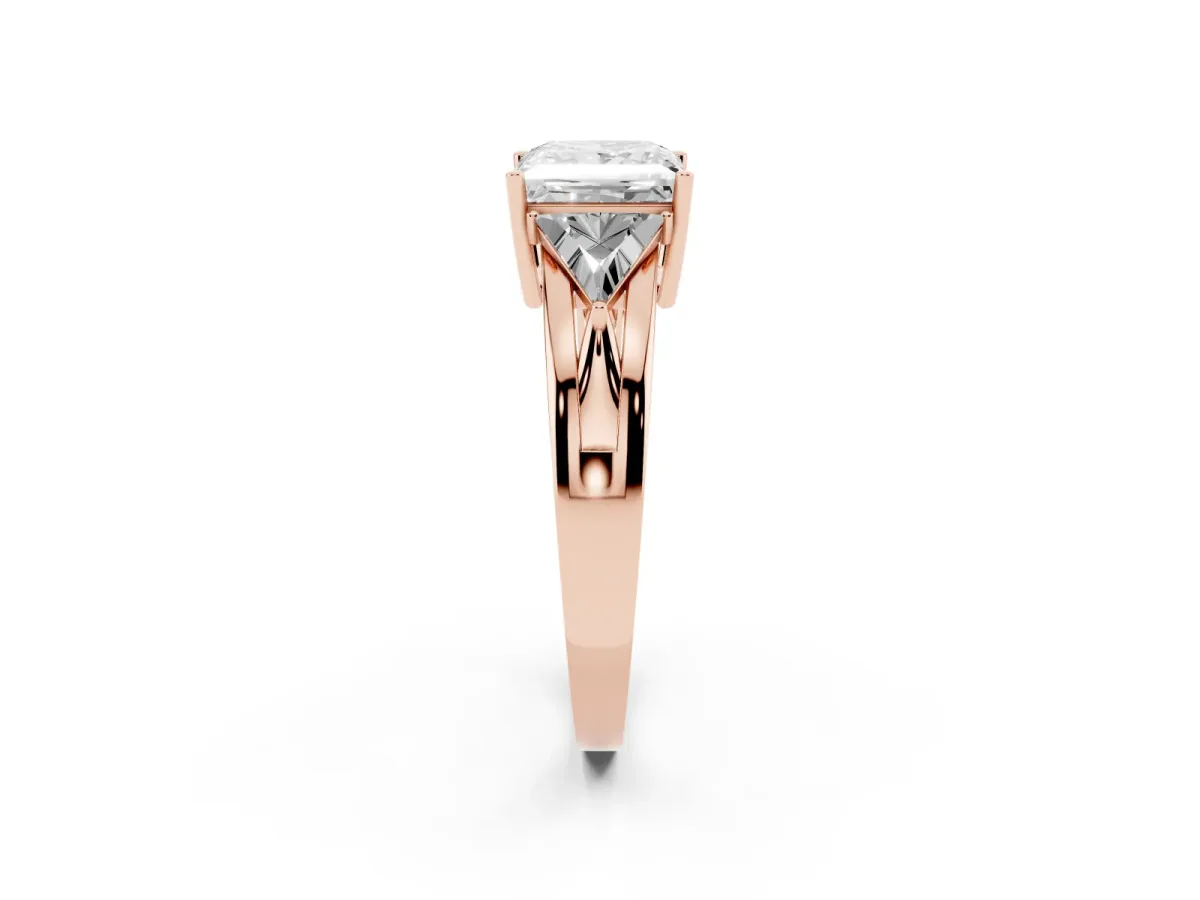 Three-Stone Princess Cut Cut Diamond Ring with Trillion Side Stones on a Split Shank Band Rose gold