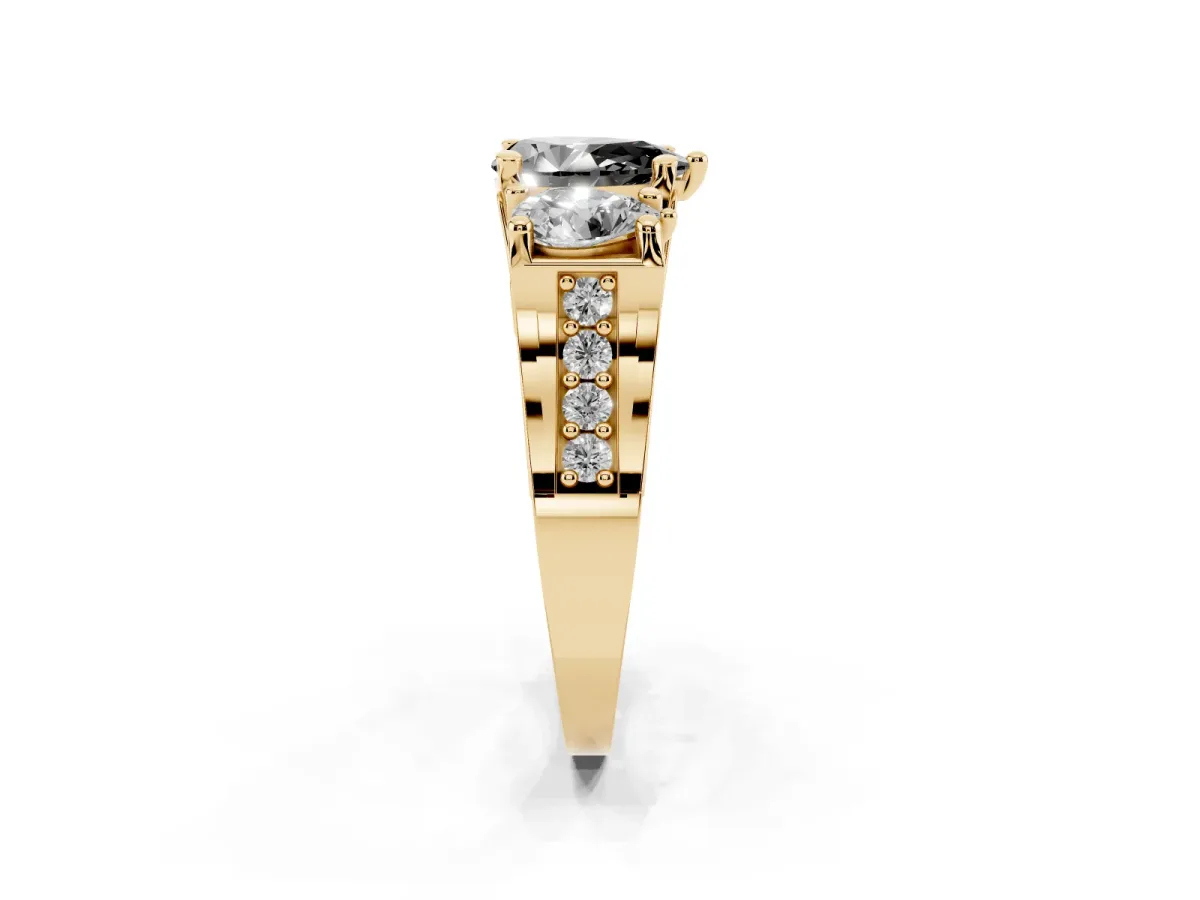Fancy Black Pear Cut Diamond Three-Stone Ring with Channel Set Band and Four-Prong Setting Yellow gold