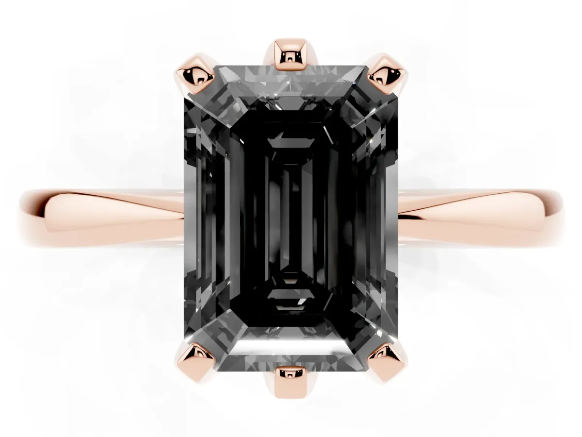 Fancy Black Emerald Cut Solitaire Engagement Ring with Six-Prong Setting and Tapered Band Rose gold