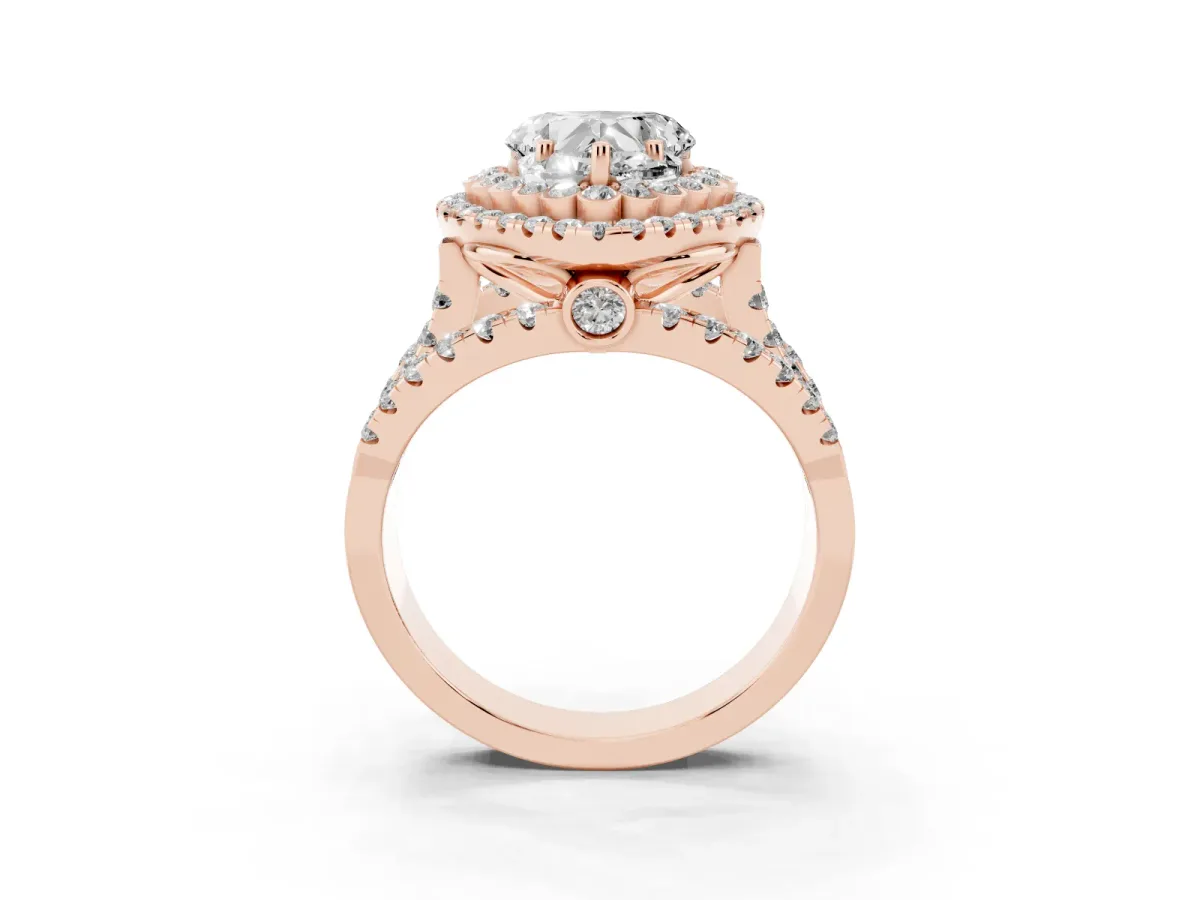 Heart Cut Diamond Double Halo Ring with Round Pavé Split Shank and Prong Setting Rose gold