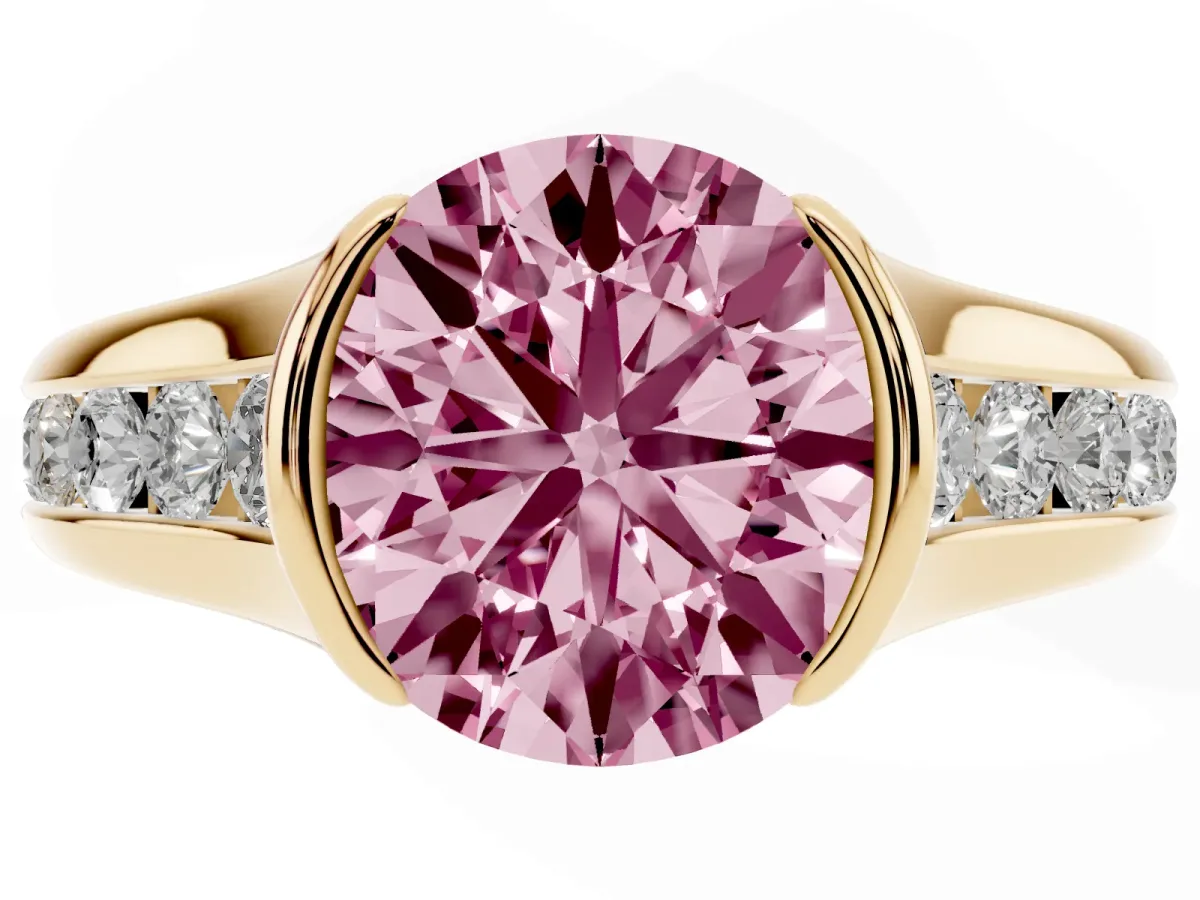 Fancy Pink Round Cut Solitaire Bezel-Set Diamond Ring with Channel-Set Band Yellow gold